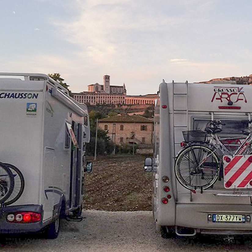 The parking area for campers in Antica Mattonata Near Basilica of St. Francis, Assisi Umbria